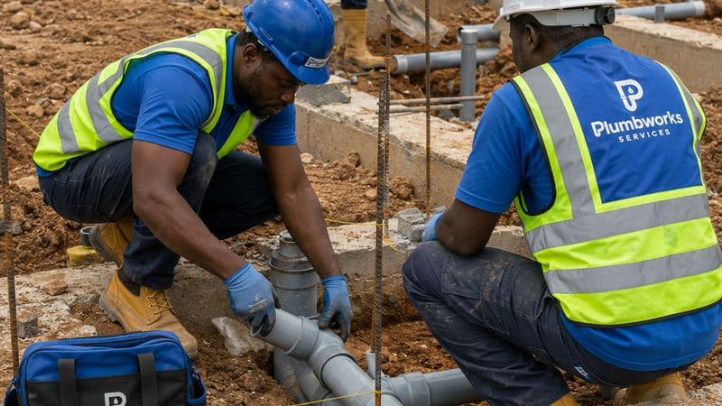 Plumbworks Abuja team installing new-build plumbing rough-in pipework