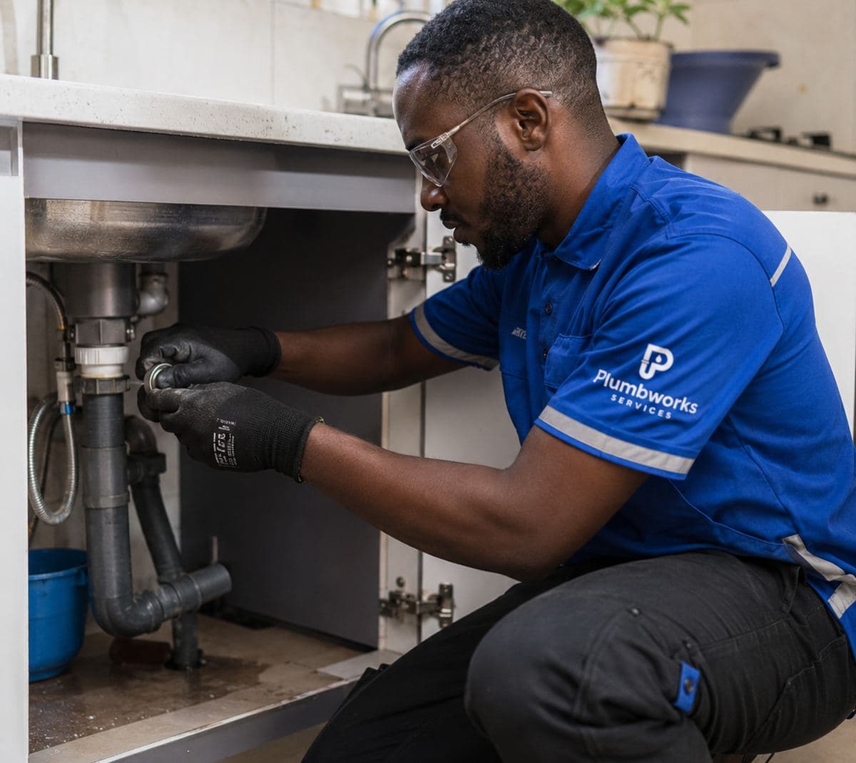 Plumbworks Abuja technician repairing sink pipework in a customer kitchen